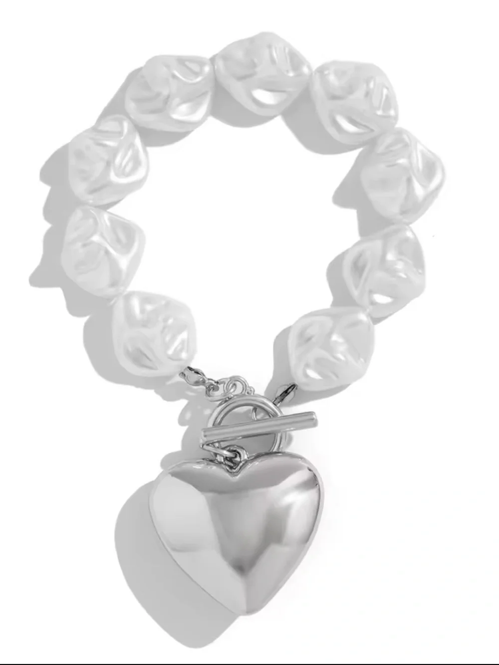 Silver Heart Charm Pearl Link Bracelet